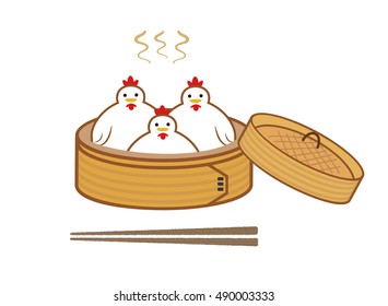 funny chinese steamer chicken, vector cartoon art