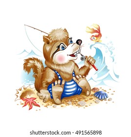 Funny Chipmunk in a blue striped bathing suit with a fishing rod in his hand and a goldfish in the sea on the tide. Vector illustration.