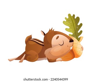 Funny Chipmunk Character with Cute Snout Sleeping with Acorn Vector Illustration