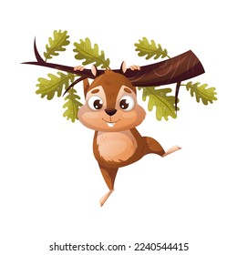 Funny Chipmunk Character with Cute Snout Hanging on Tree Branch Vector Illustration