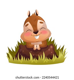 Funny Chipmunk Character with Cute Snout Peeking Out from Ground Hole Vector Illustration