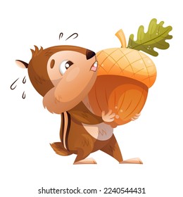 Funny Chipmunk Character with Cute Snout Carrying Heavy Acorn Vector Illustration