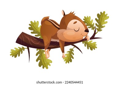 Funny Chipmunk Character with Cute Snout Sleeping on Tree Branch Vector Illustration