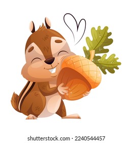 Funny Chipmunk Character with Cute Snout Embracing Acorn Vector Illustration