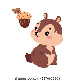 Funny Chipmunk Character with Cute Snout Look at Acorn Vector Illustration