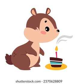 Funny Chipmunk Character with Cute Snout Blowing Candle on Cake Vector Illustration