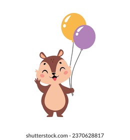 Funny Chipmunk Character with Cute Snout Holding Balloons Vector Illustration