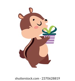 Funny Chipmunk Character with Cute Snout Carry Gift Box Vector Illustration