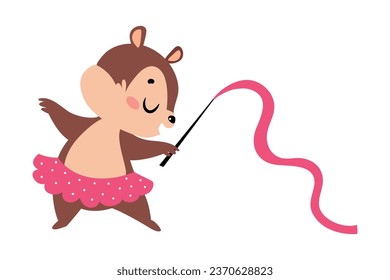 Funny Chipmunk Character with Cute Snout Dance with Gymnastic Ribbon Vector Illustration