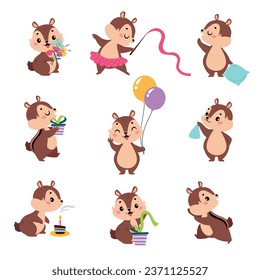 Funny Chipmunk Character with Cute Snout Engaged in Different Activity Vector Set