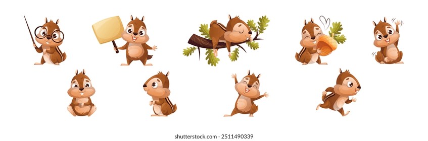 Funny Chipmunk Character with Cute Snout Engaged in Different Activity Vector Set