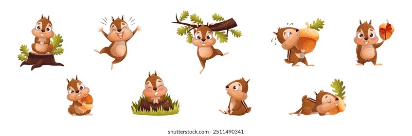 Funny Chipmunk Character with Cute Snout Engaged in Different Activity Vector Set