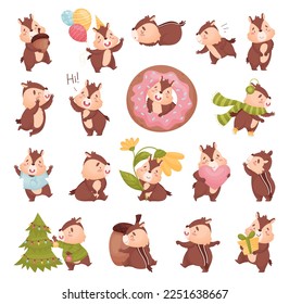 Funny Chipmunk Character Engaged in Different Activity Big Vector Set