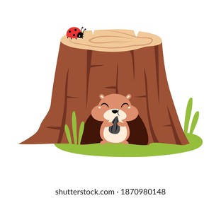 Funny Chipmunk as Forest Animal Pepped Out from Stump Hollow Vector Illustration