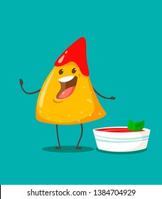 	
Funny chips Nachos character with  a cup of tomato salsa. Vector illustration