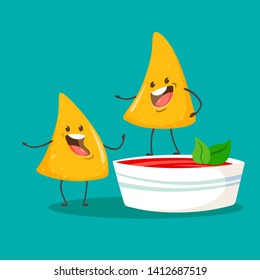 Funny Chips Nachos Character With  A Cup Of Tomato Salsa. Vector Illustration 
