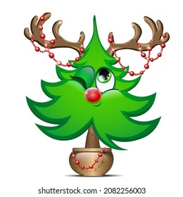 Funny Chistmas tree with red nose and Deer horns decorated with red beads  in a pot