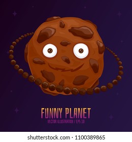 Funny chocolat planet with eyes in space background. Vector illustration in flat style. EPS 10.