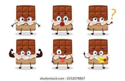 funny chocolate bar cartoon with different expressions character design illustration