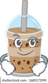 Funny chocolate bubble tea mascot character showing confident gesture
