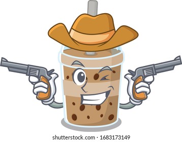 Burbuja de chocolate divertida como personaje de caricatura de cowboy sosteniendo armas