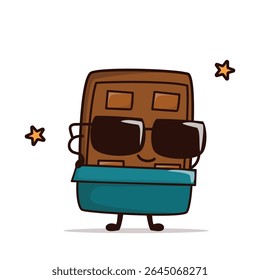 Engraçado mascote de desenho animado de chocolate usando óculos escuros pretos e semidesembrulhado como calças, posando confiantemente com atitude e estilo legal.
