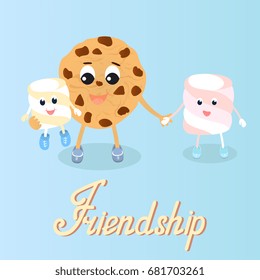 Funny chocolate chip cookie with a marshmallow in cartoon style. Friendship hand lettering. Congratulation on the Friends Day