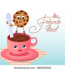A funny chocolate chip cookie with a spoon shakes the coffee in the cup. Greeting card to the Day of Friendship. Best friends hand lettering