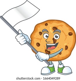 Funny chocolate chips cookies cartoon character design with a flag