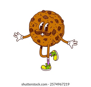 Funny chocolate cookie groovy hippie dessert, sweet or candy character with vintage mustaches, lively expression and retro sneakers. Cartoon vector round pastry with chocolate chips cheerfully dancing