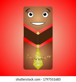 Funny chocolate. Dark chocolate bar. Cartoon kawaii emoticon. Vector illustration. EPS 10