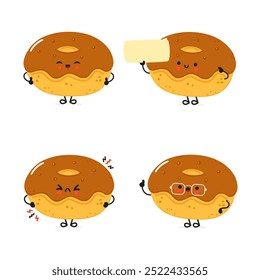 Engraçado conjunto de feixes de caracteres de chocolate Doughnut. Desenhado à mão vetor estilo doodle desenho de ícone de ilustração de personagem de desenho animado. Coleção de personagens de mascote de Donut Bonito