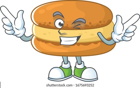 Funny chocolate macarons cartoon design style with wink eye face