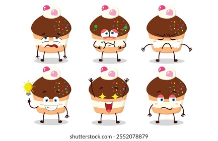 Divertido dibujo animado de muffin de chocolate con diferentes expresiones Ilustración de diseño