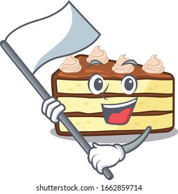 Funny chocolate slice cake cartoon character style holding a standing flag