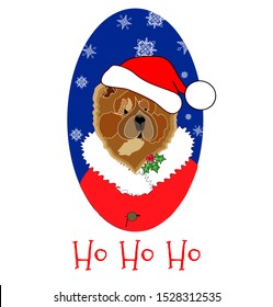 Funny chow chow dog in Santa Claus hat and coat snow and ho ho ho calligraphy design element Christmas vector set
