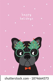 Funny Chrismas cards in flat style. Happy holidays print witn cute bulldog