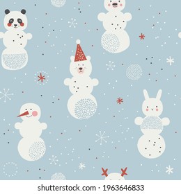 Funny Christmas animals snowman vector seamless pattern. Snowy Bunny Deer Panda background for kids. Seasonal winter holidays childish animalistic print design 