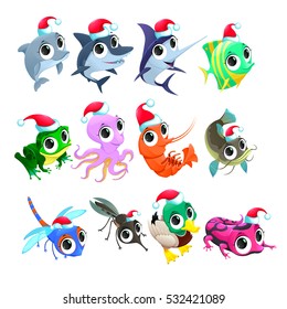 Funny Christmas animals. Vector isolated elements.