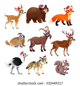 Funny Christmas animals. Vector isolated elements.