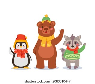 Funny Christmas Animals Waving Hands, Cartoon Characters Penguin, Bear and Raccoon Wear Winter Sweaters, Hats and Scarves Celebrate Xmas and New Year Isolated on White Background. Vector Illustration