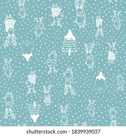 Funny christmas background with deers, snow and fir trees. Light turquoise seamless pattern with deers in a sweater. Christmas motives. Printing on paper, textiles, fabric, wallpaper.