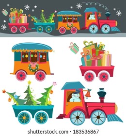 Funny Christmas background with a toy train with gifts, snowman and christmas tree, retro cartoon illustration, VECTOR