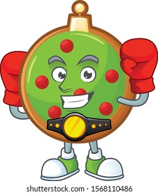 Funny christmas ball in red boxing cartoon character.