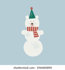 Funny Christmas bear snowman vector clipart. Snowy yeti animal illustration for kids. Seasonal winter holidays childish print design 