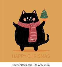 Funny Christmas black cat with Christmas tree in his paw, children's drawing, vector illustration.