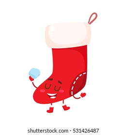 Funny Christmas boot, stocking character, cartoon vector illustration isolated on white background. Xmas traditional Christmas boot, decoration element with smiling face