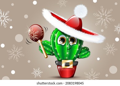 Funny Christmas CACTUS in the pot in Santa sombrero shaking maracas on the beige background with snowflakes