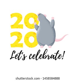 Funny Christmas card. Chinese New Year. Year of the rat. Vector template for print, design. 2020. Let's celebrate text