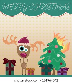 funny Christmas card with cute reindeer and  burning christmas tree